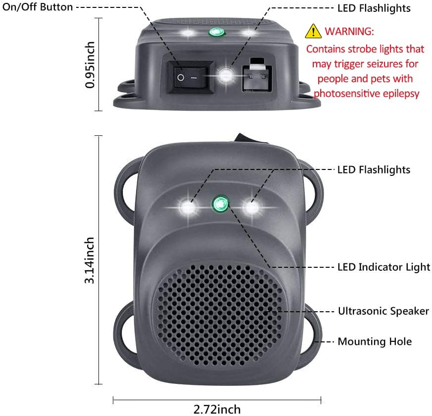 Rodent Repellent for Car Engine Under Hood Rodent Repeller with Strobe Lights Ultrasonic Mouse Repellent Mice Deterrent Squirrel Repeller RV Protection for 12V 24V Car Battery 1 Pack