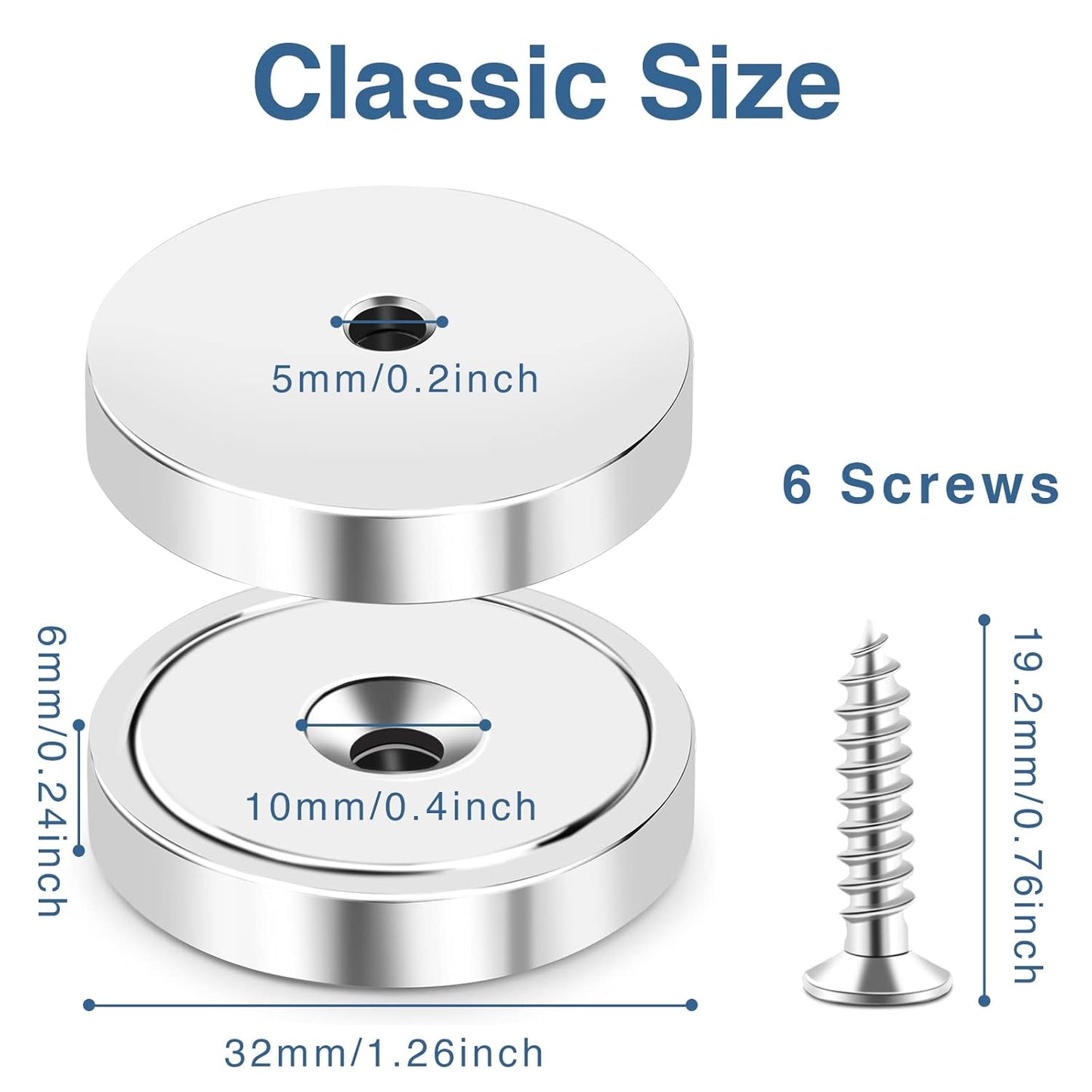 MIKEDE Strong Magnets with Hole, 100LB+ Heavy Duty Neodymium Cup Magnets with Stainless Screw for Wall Mounting, Rare Earth Magnet Round Base Cup Magnet, 1.26" D x 0.2" H, Pack of 6