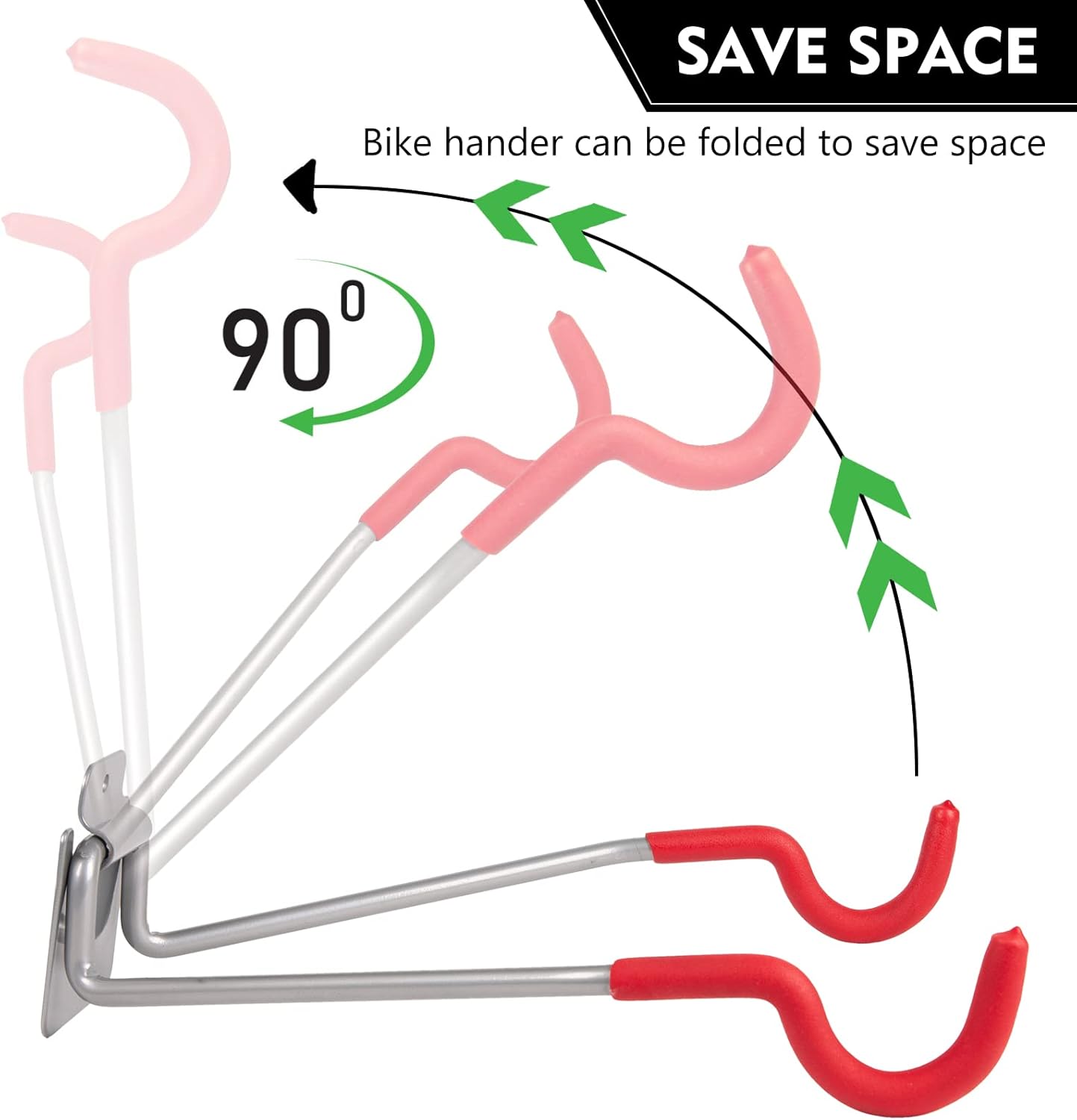 Bike Wall Mount Hangers，EVA Foam Padded Bicycle Hooks-Flip-Up Garage Bicycle Rack for Mountain, Road, and Kids Bikes Rack Holders 2 Pack Silver, Red