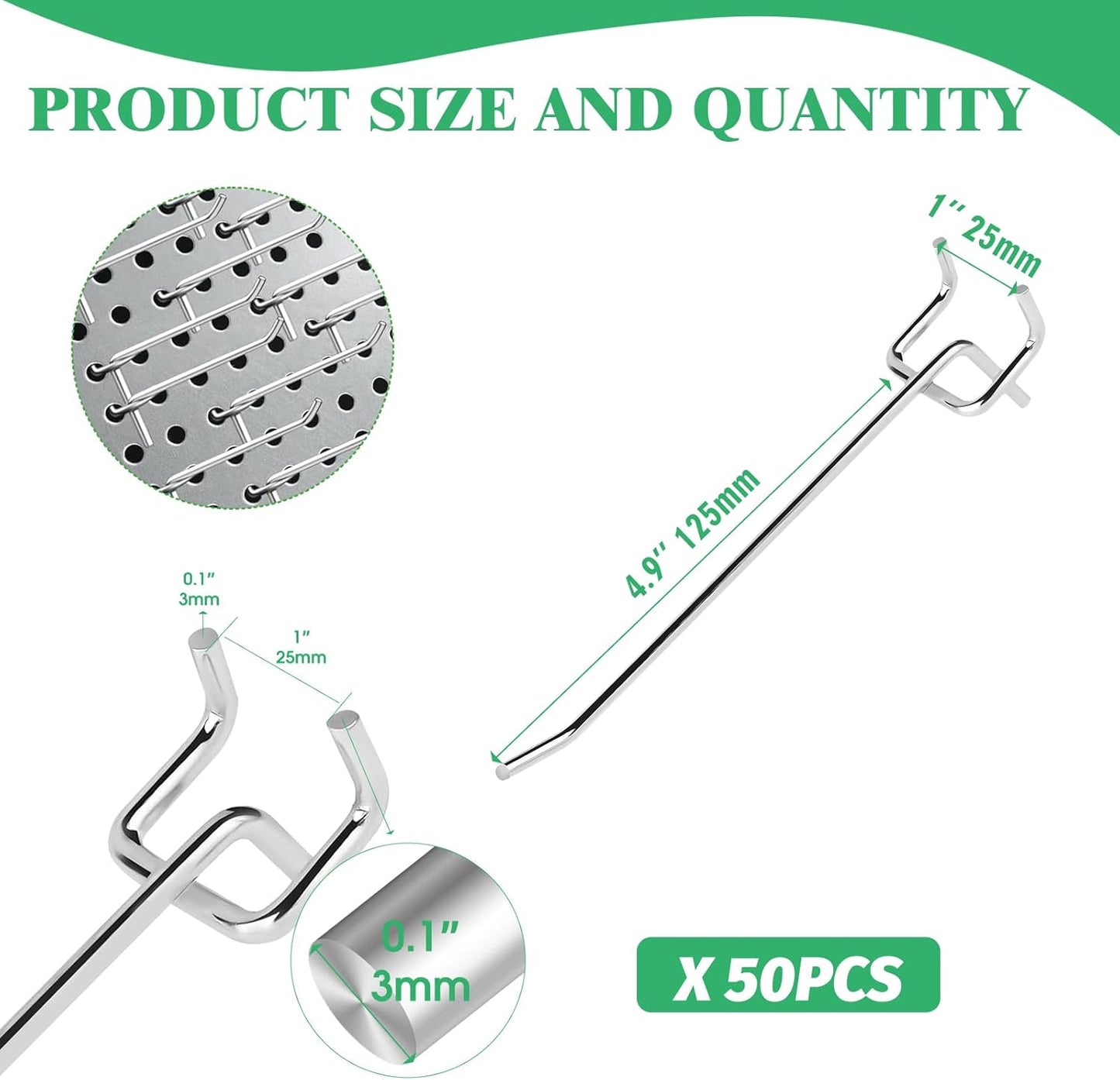 50Pcs 6"/15CM Pegboard Hooks Assortment Set, Metal Peg Board Hooks with 2.5mm Hole Pitch 4mm Wire Diameter Slatwall Hanging Hook for Garage Organization Wall Hanging (Silver)