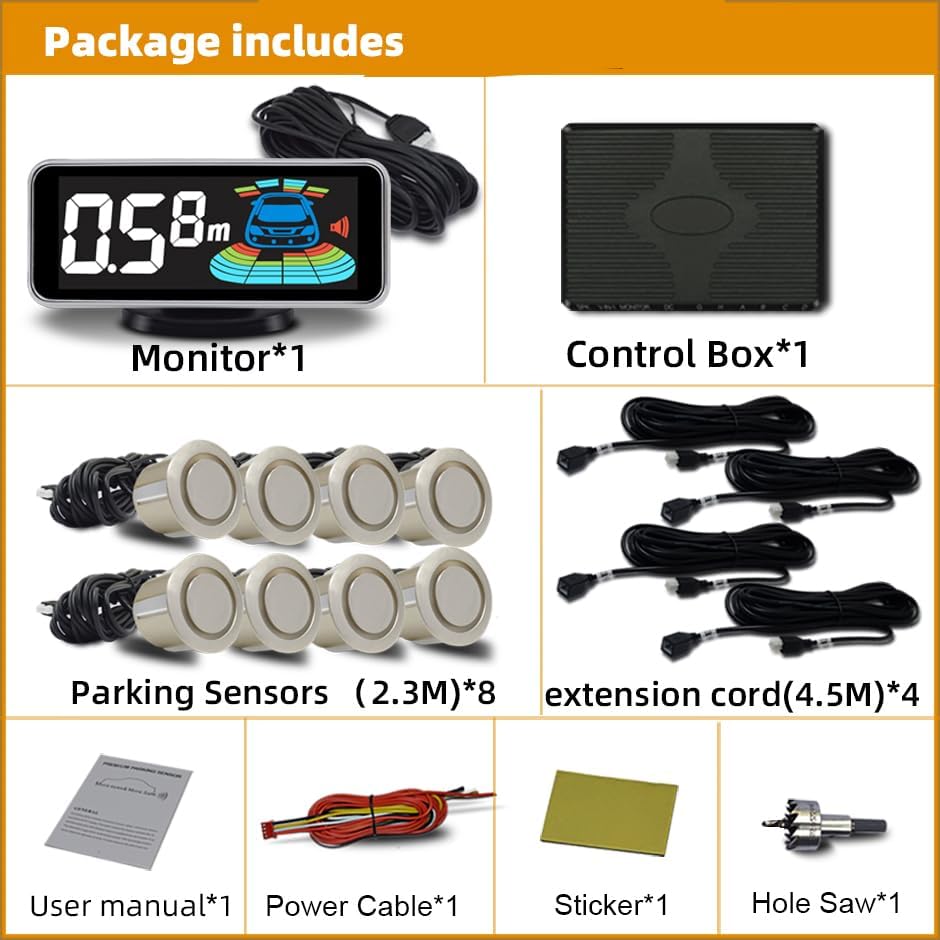 Car 8 Parking Sensors Kit Assist System Reverse Front and Rear Reverse Radar parktronic Auto Electronics Vehicle Back Assistant Reverse (Gold)