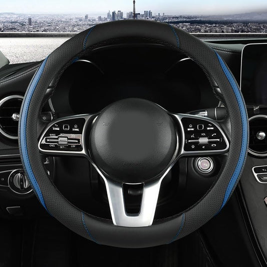 Car Steering Wheel Cover, Leather Steering Wheel Cover Blue Universal 14.5-15 Inch Microfiber Leather Anti-Slip Breathable Auto Steering Wheel Covers for Men Women (Black&Blue-2)