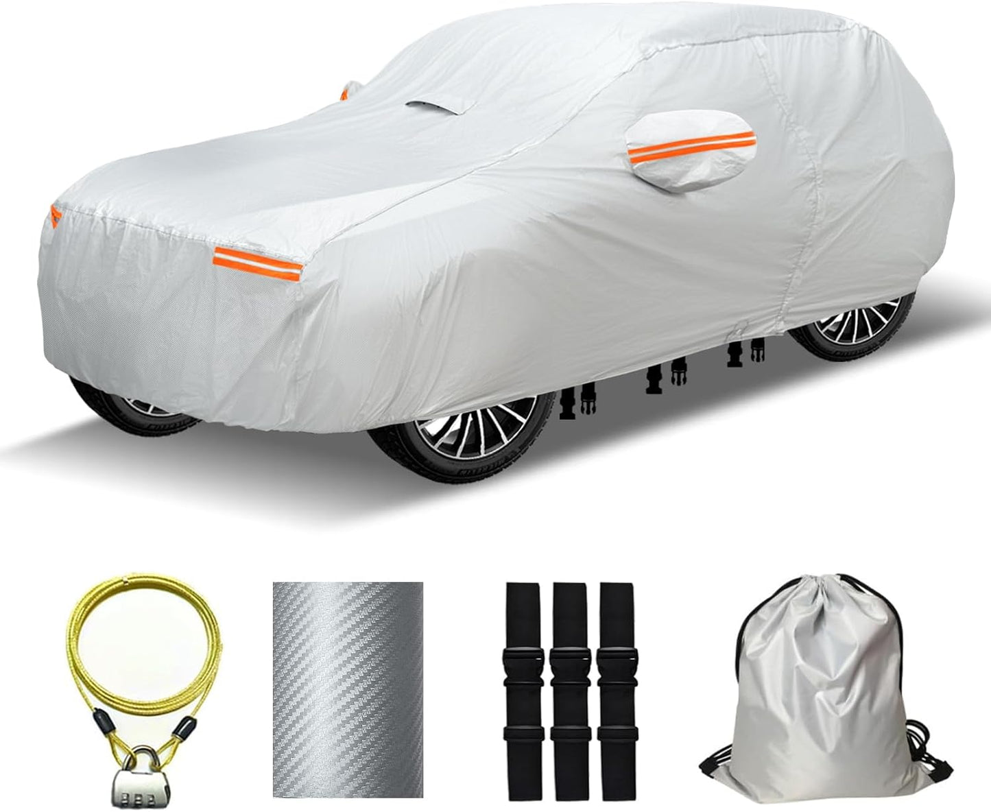 30 Layers SUV Car Cover for Automobiles All Weather Waterproof, Outdoor Snowproof UV Protection Windproof, Door Zipper, Soft Cotton, Heavy Duty Universal Car Covers, (Silver, Fit SUV 181"-190")