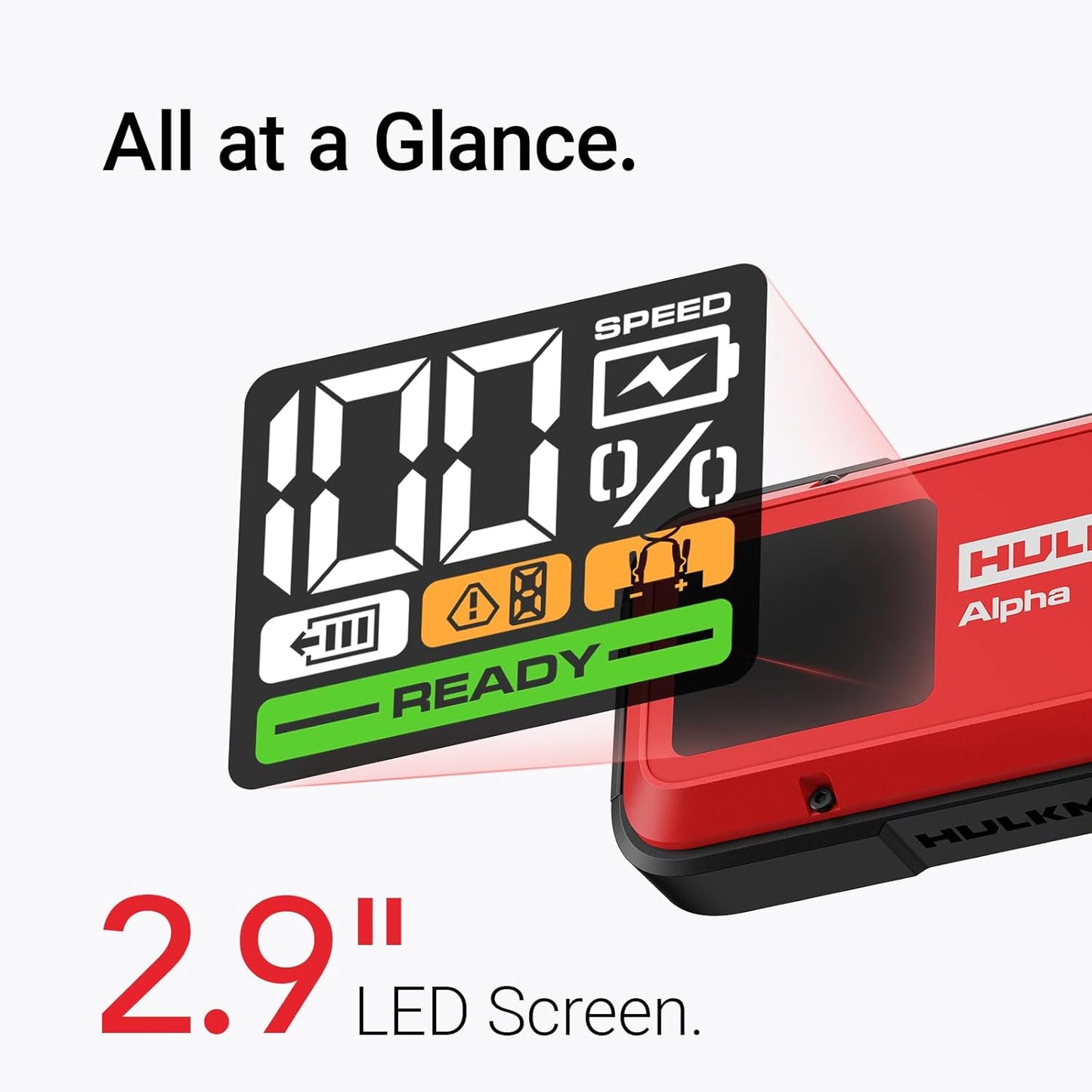 Hulkman Alpha, Ultra Red, 1250A 44.4Wh Battery Jumper Starter Portable, 12V Modern Car Jump Box with Jumper Cables, for 7.0L Gas/4.0L Diesel Engines, 65W Fast Charging, IP65 Rated, Large LED Display