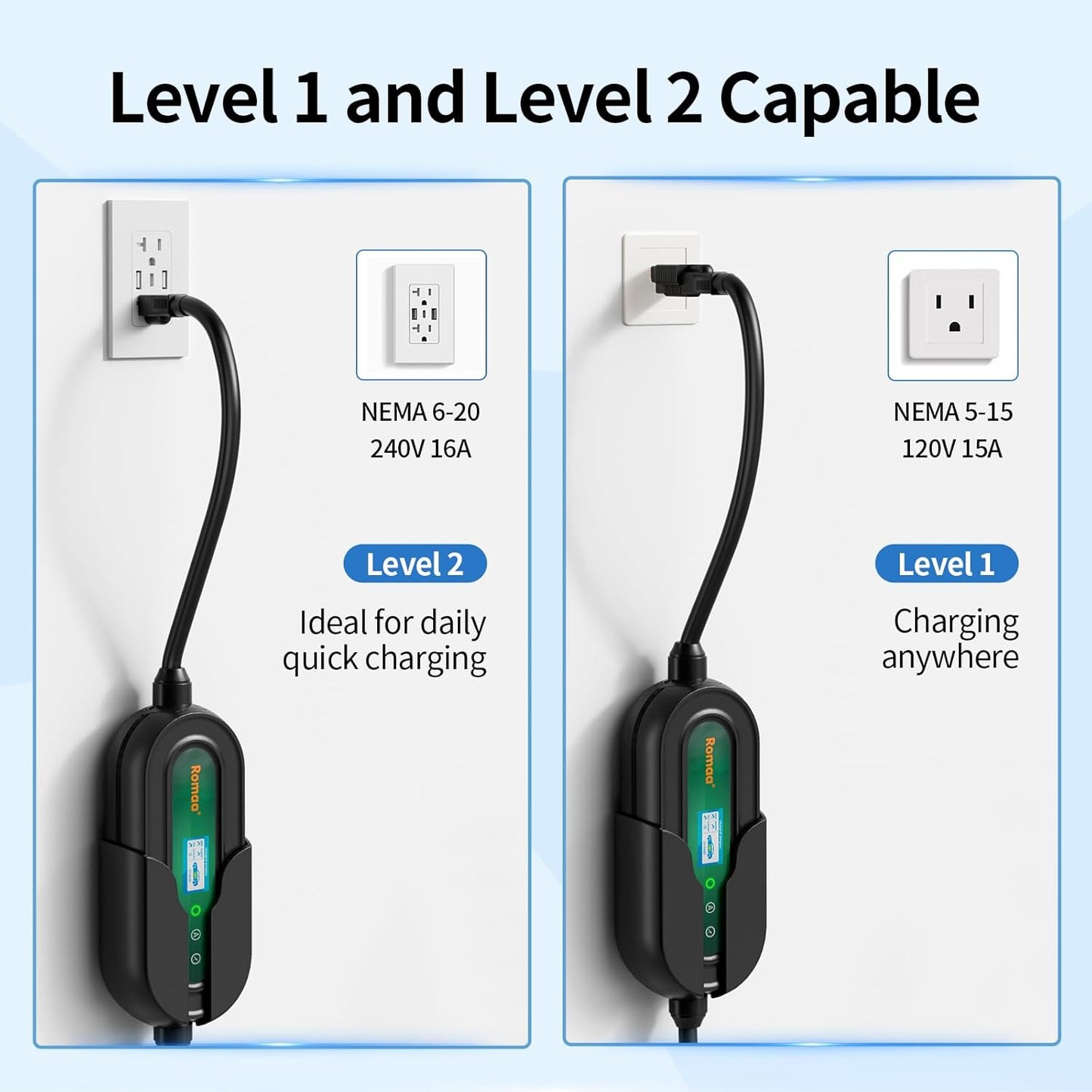Level 1&2 Portable EV Charger (APP Control & Timer), Adjustable 8-16A 110V-240V, Dual Plugs: NEMA 6-20 & 5-15, 25FT Charging Cable w/ J1772 Connector, ETL/FCC Certified for All EVs/PHEVs