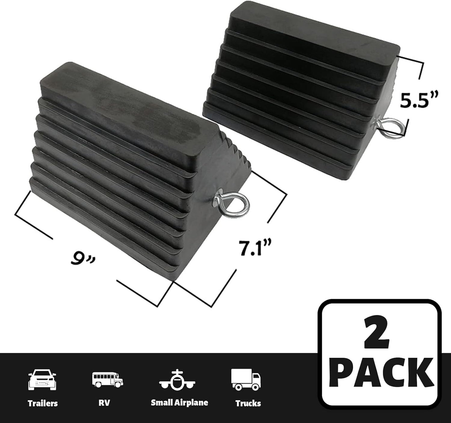 ROBLOCK 2 Pack Wheel Chocks Rubber Heavy Duty Black with Eyebolt, 9" Length x 7.1" Width x 5.5" Height, for Cars, RVs, Trucks, Trailers, and Vehicles, Anti-Slip Design Tire Chock for All Weather Use