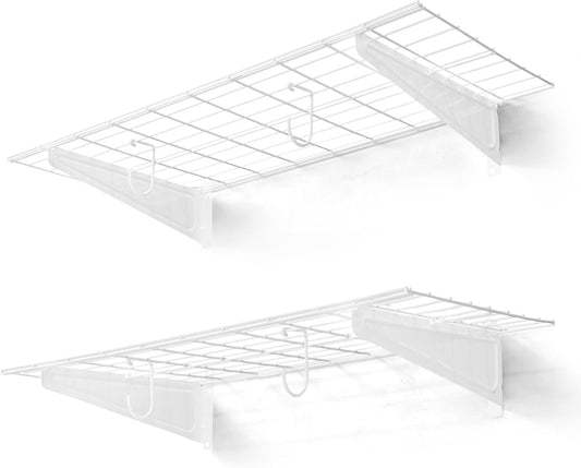 CAPHAUS 2-Pack Garage Shelving Wall Mounted 36x18 Inch, Heavy Duty Metal Wall Shelves with 4 Bike Hooks, 500lbs Capacity Storage Rack for Garage Organization System, White
