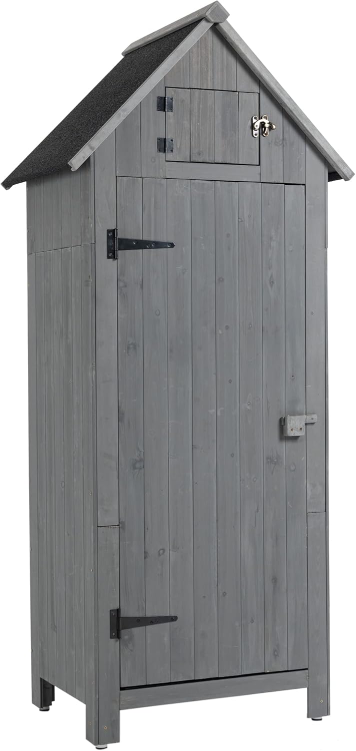 30.3" L X 21.3" W X 70.5" H Outdoor Storage Shed with Waterproof Roof, Solid Fir Wood Frame, and 3 Compartments for Garden Tools, Mower, and Hose,Grey