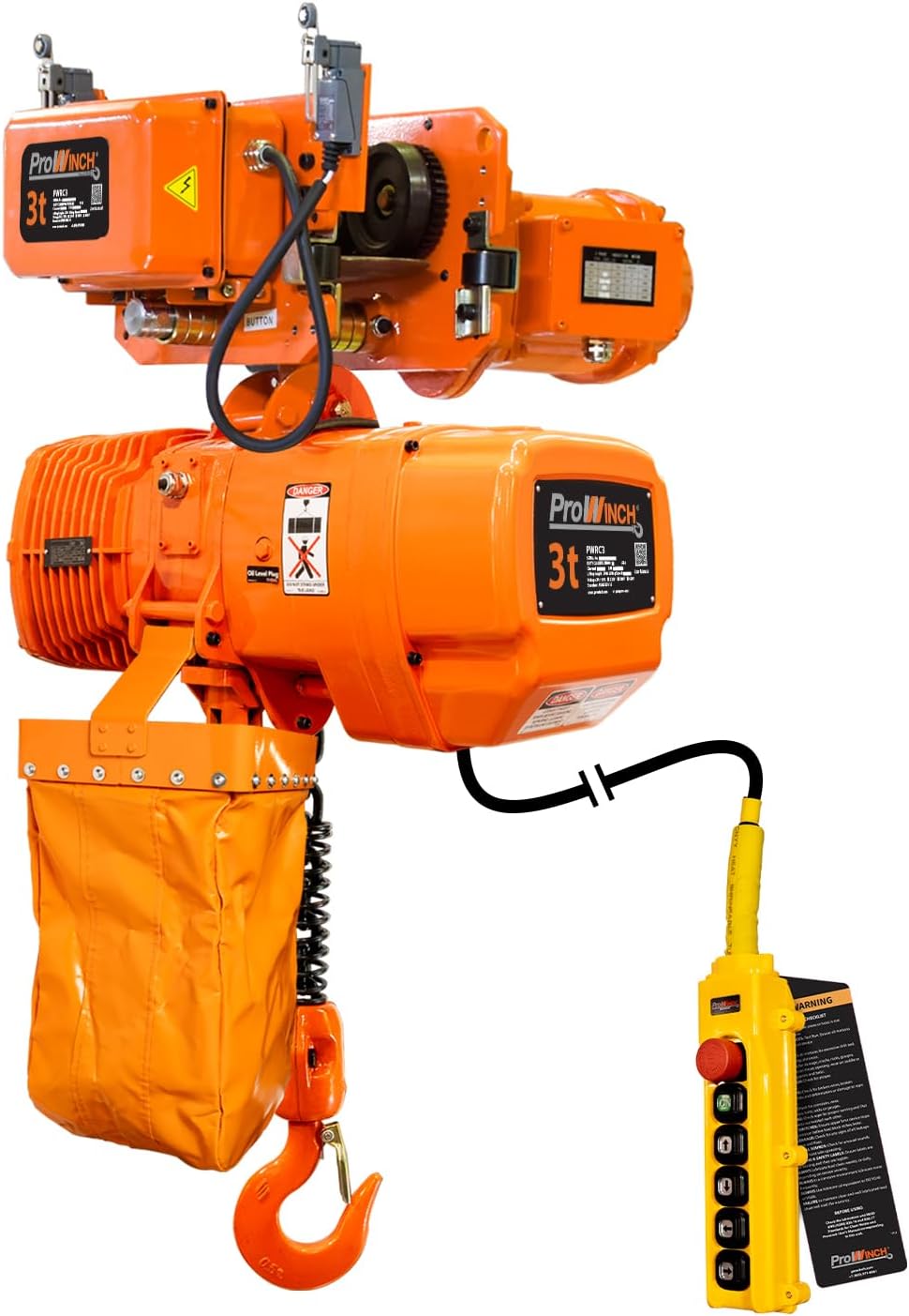 Prowinch 3 Ton Electric Chain Hoist Power Trolley 1 Speed 30 ft. G100 Chain M4/H3 220~240/460V Heavy-Duty Engine Hoist for Warehouse, Factory & Industrial Lifting
