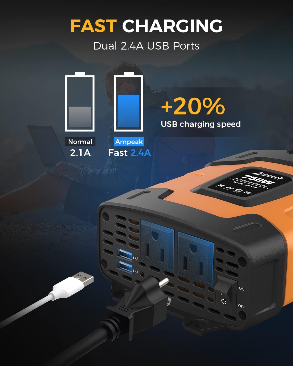 Ampeak 750W Power Inverter 4.8A Dual USB Ports 2 AC Outlets Car Inverter DC 12V to AC 110V 11 Protections for Appliances