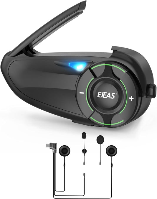 EJEAS Q8 1PC Motorcycle Bluetooth Headset, Upgraded Mesh 3.0 Intercom System with Music Sharing and IP67 Waterproof for 6 Riders Group Talking