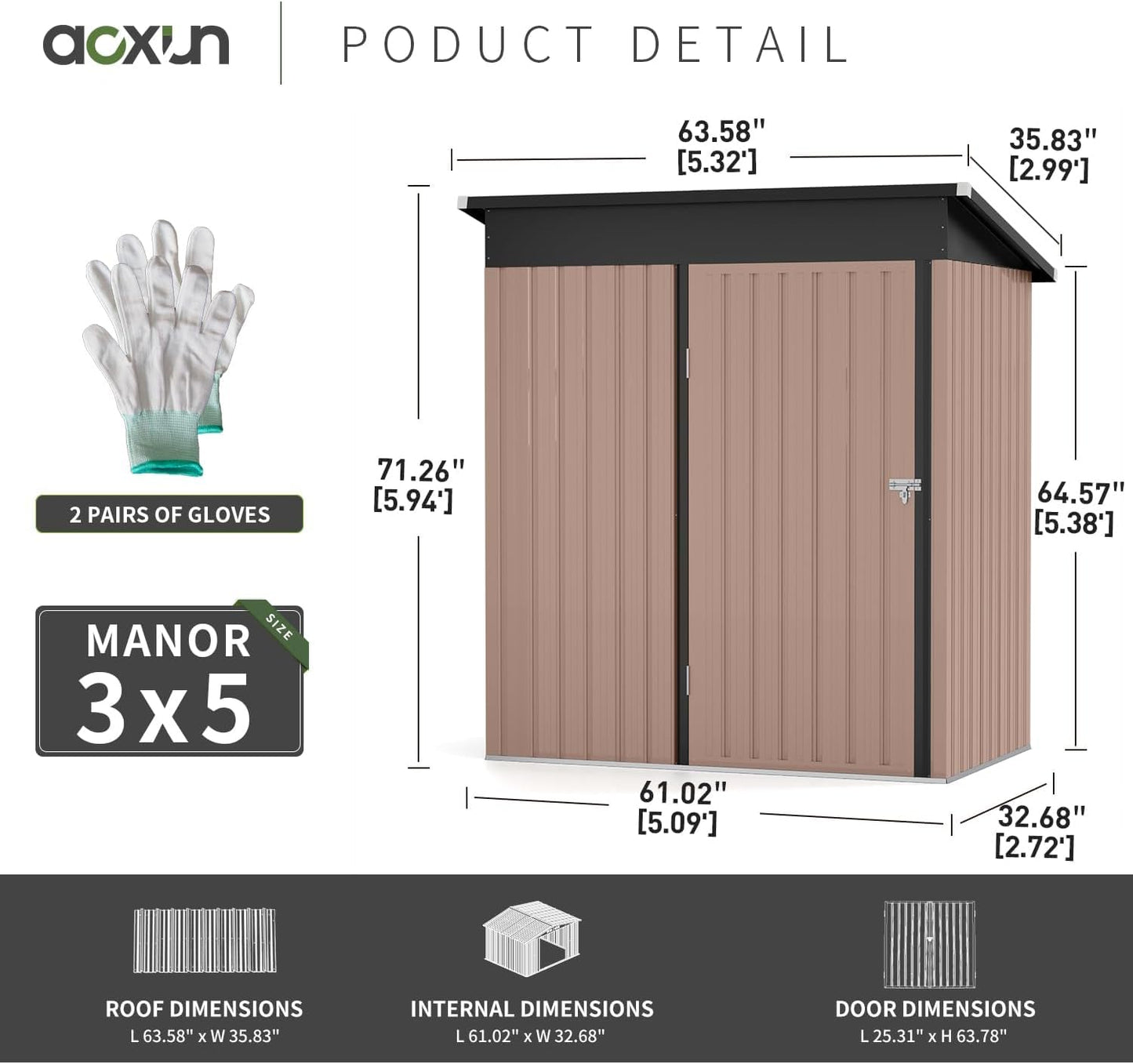 Aoxun 80 CU. FT Outdoor Storage Shed Waterproof Garden Metal Tool Shed, Brown