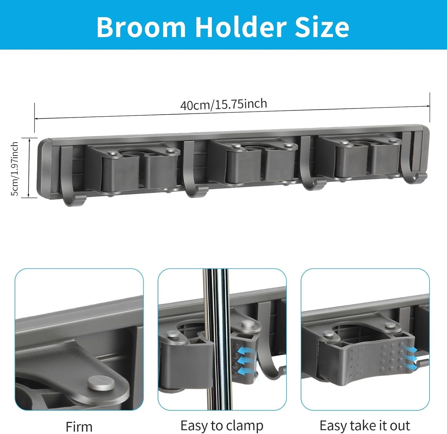 Broom Holder Wall Mount, Aluminum Mop and Broom Holder Hanger with 3 Racks and 4 Hooks, Mop Holder for Laundry Garage Tool Organization