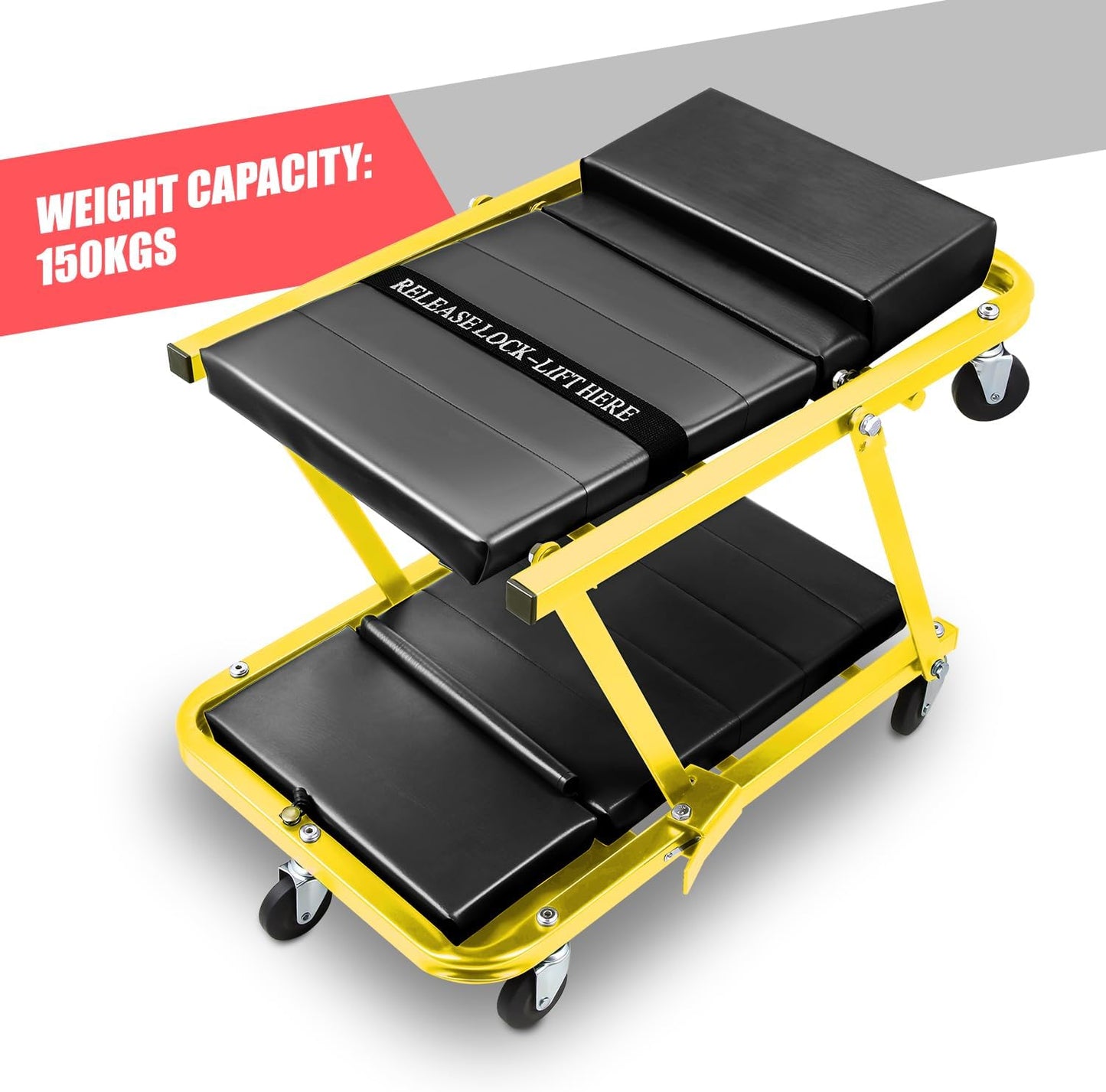 DNA MOTORING 48" 2 IN 1 Folding Rolling Garage Shop Creeper Roller Seat, 7 Pcs 2" Casters, 350 Lbs Weight Capacity, Yellow, TOOLS-00193-YL