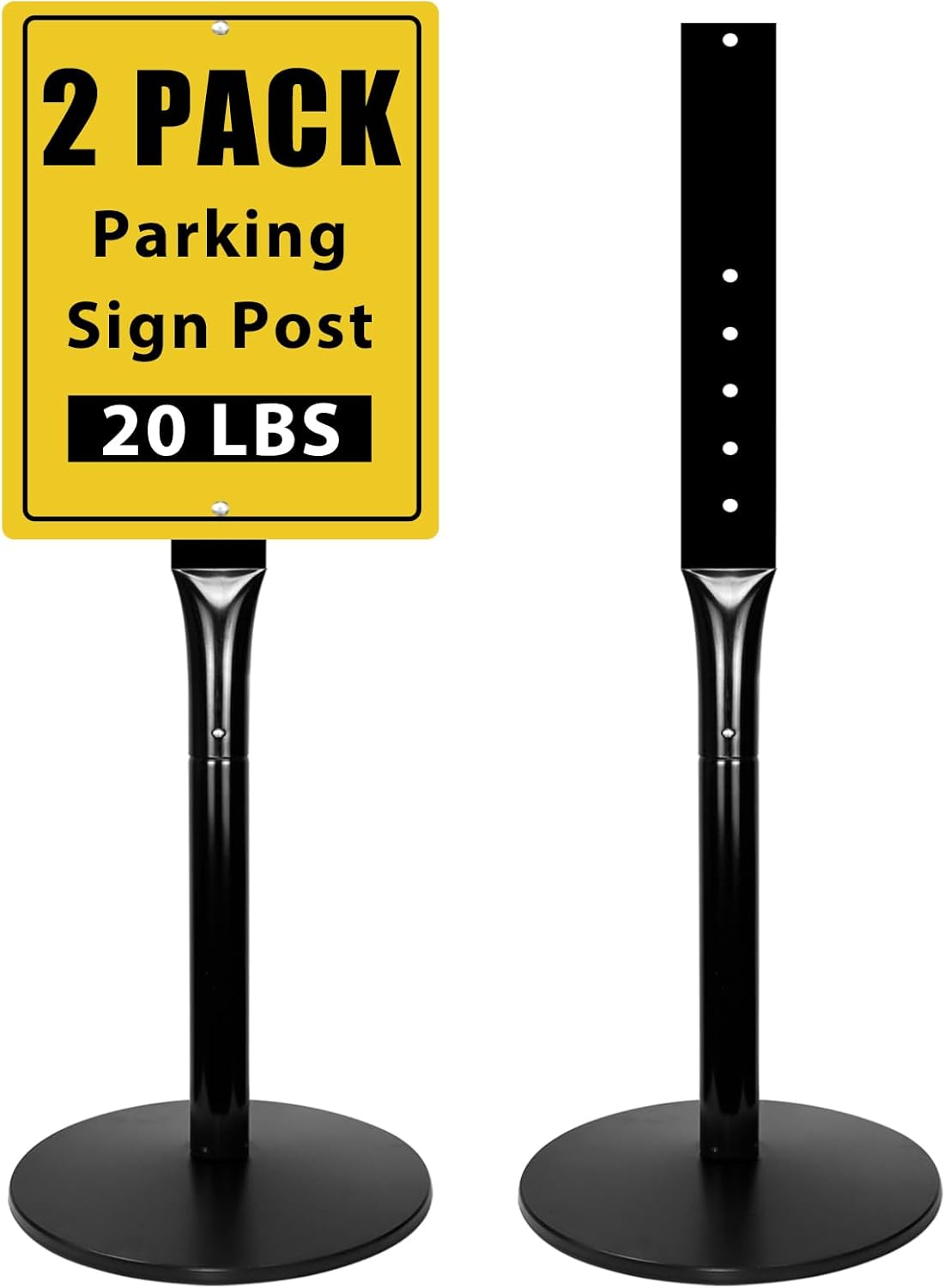 Parking Sign Stand with Base - 20 Lbs Cast Iron Parking Sign Post for Hanging Traffic Construction Street Warning Notice, Movable Black Heavy Duty Base Stand for Outdoor Use, 2 Pack