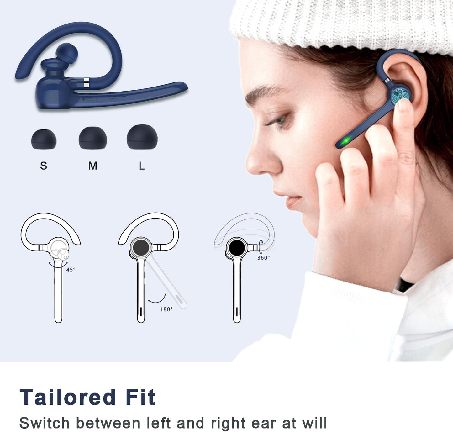 Bluetooth Headset, Wireless Bluetooth Earpiece with 500mAh Charging Case 72 Hours Talking Time Built-in Microphone for iOS Android Cell Phone, Hand-Free Headphones for Trucker, Office-Blue