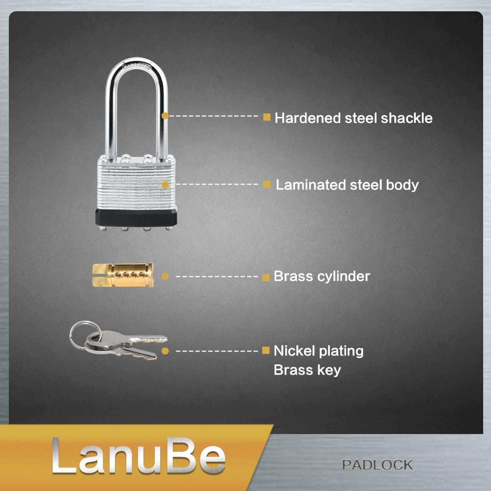 LanuBe Lock Laminated keyed Padlock (1-9/16", 40mm), keyed Alike Locks, Long Shackle,Marked Black Plastic Hoop, Pack of 6