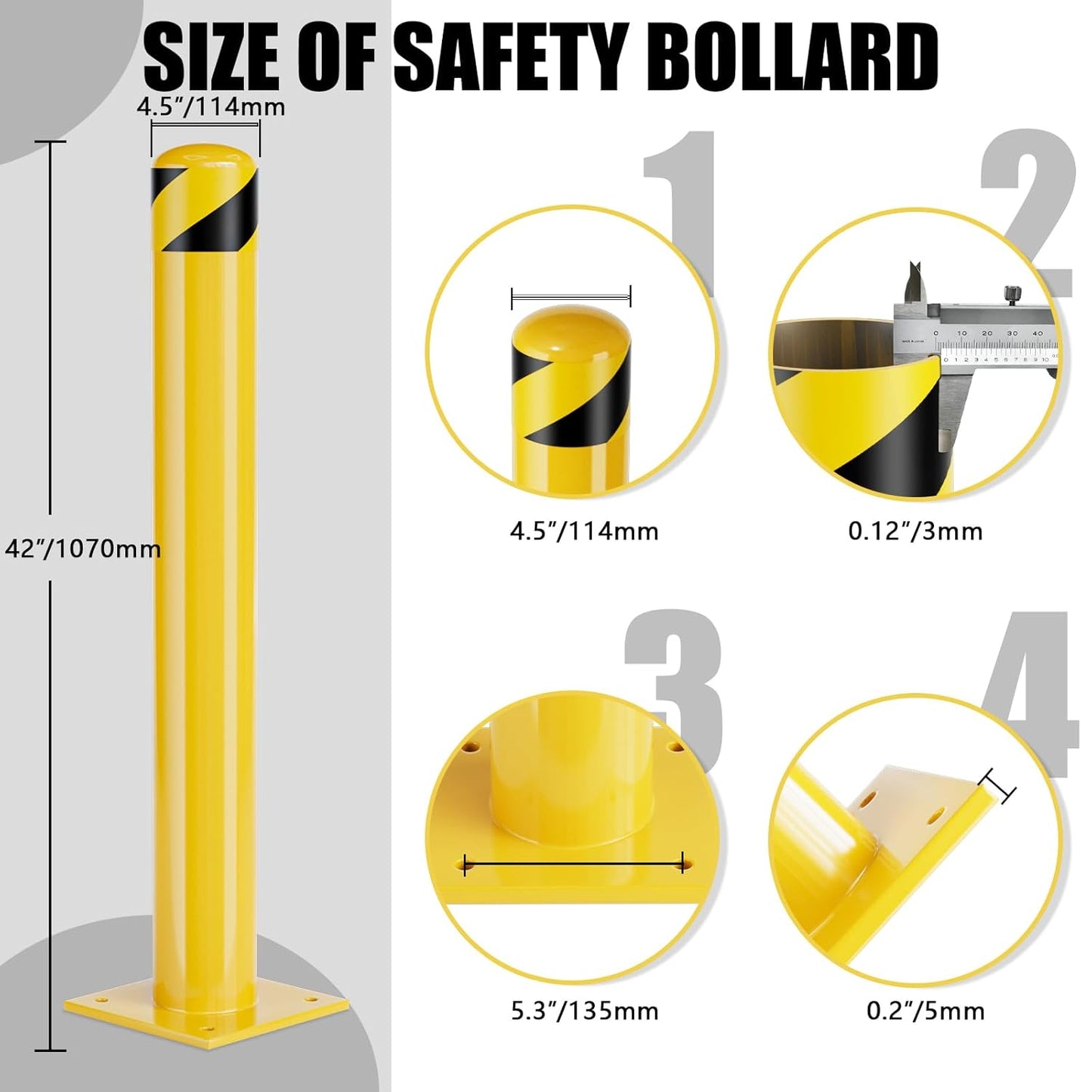 Safety Bollard Post, 42 Inch Height Steel Bollards, 4.5 Inch Diameter Parking Bollard, Yellow Powder Coated Safety Parking Barrier Post, for Traffic Sensitive Areas (42inch 4Pack)