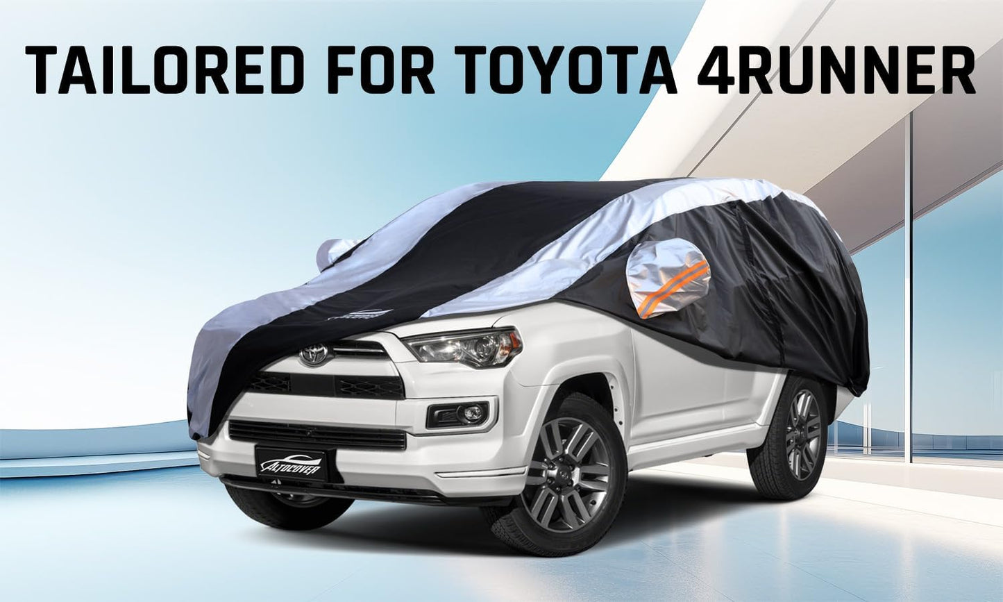 Toyota 4Runner Car Cover Waterproof All Weather with Silver Strip Design, Custom Fit for Toyota 4Runner 2003–2025, 4Runner Accessory with Door Zipper & Windproof Straps