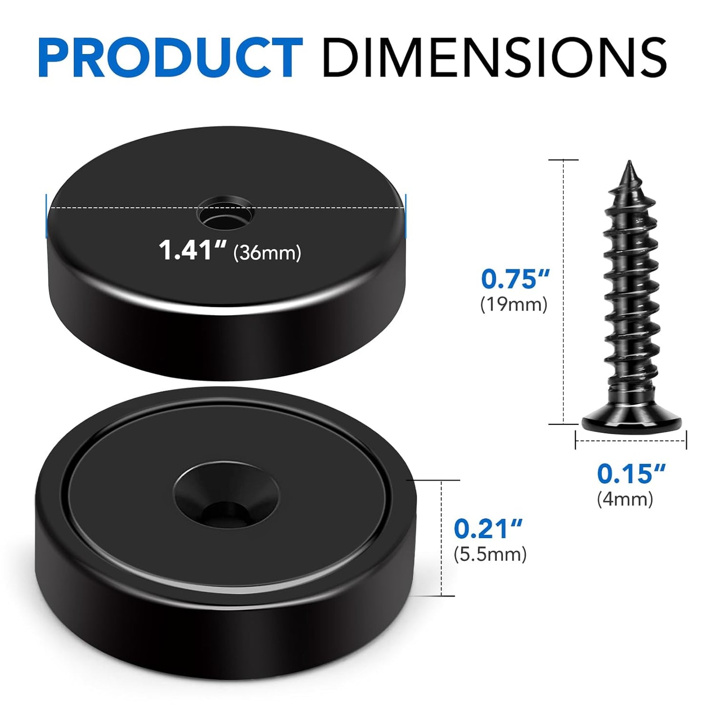 MIKEDE 10 Pack Strong Magnets Heavy Duty, 150LB Neodymium Cup Magnets with Countersunk Hole, Stainless Screw for Wall Mounting, Rare Earth Magnet Black Round Base Disc Magnet 1.4" D x 0.27" H