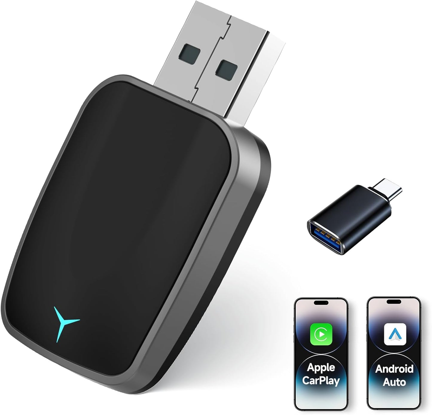 Mini Wireless Carplay Adapter, Convert Wired to Wireless Car Play & Android Auto 2-in-1 Adapter for Apple iPhone & Android Phone, Plug & Play, Auto Connect, No Delay, w/USB C for iOS 10+ Android11+