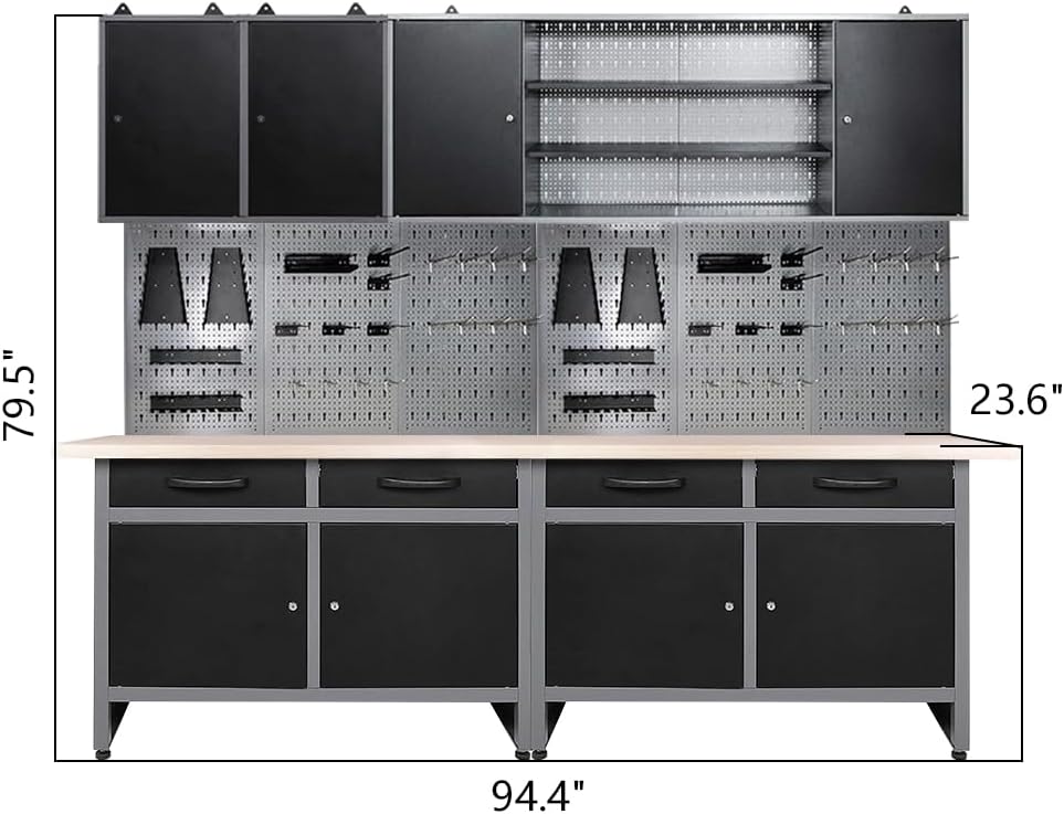 JZD Garage Tool Storage Cabinet System with Wood Worktop, for Maintenance Rooms, Auto Repair Shops