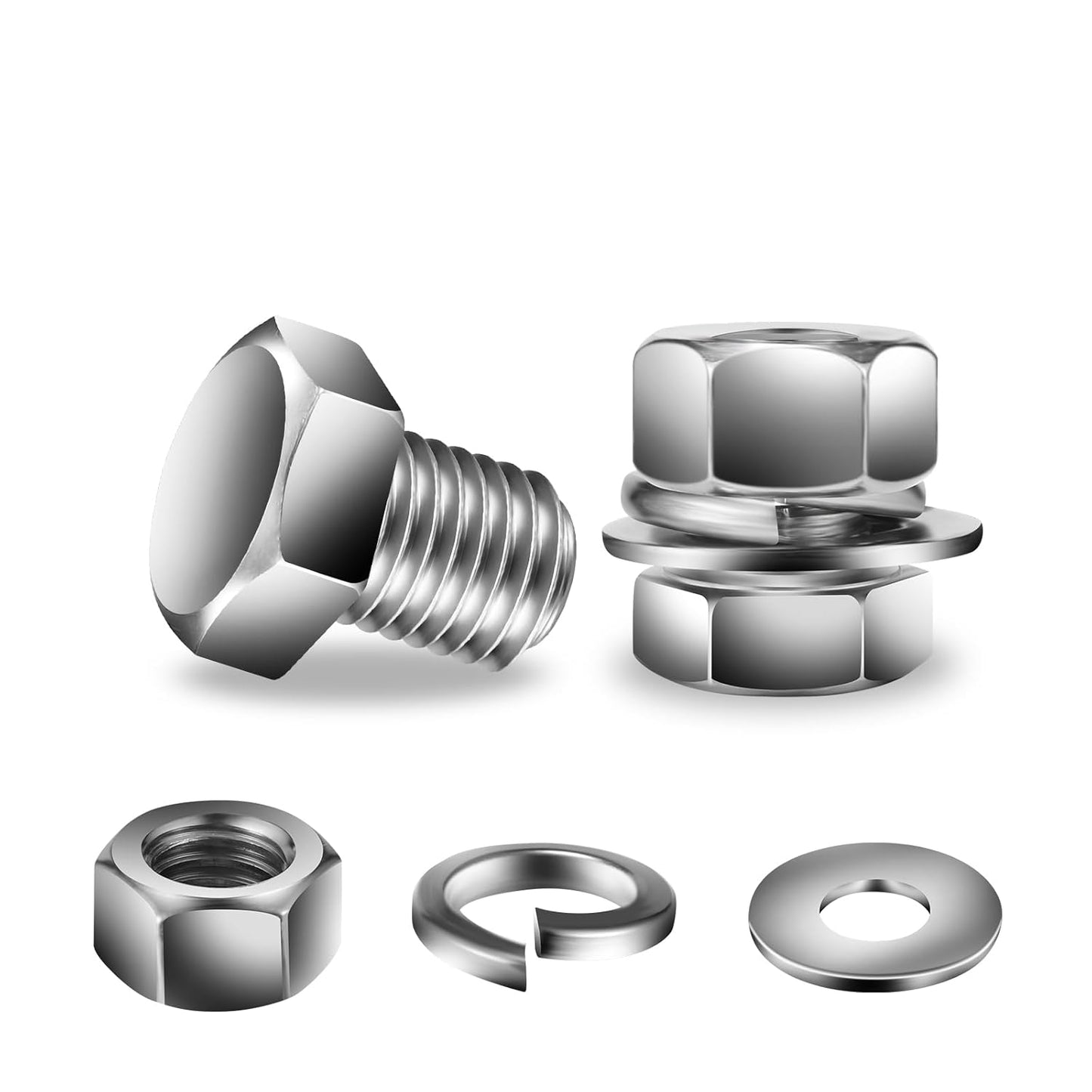 3/8-16 x 1/2" Hex Head Screw Bolt, Nuts, Flat & Lock Washers, 20Pcs 18-8 (304) Stainless Steel, Fully Threaded, by SG TZH