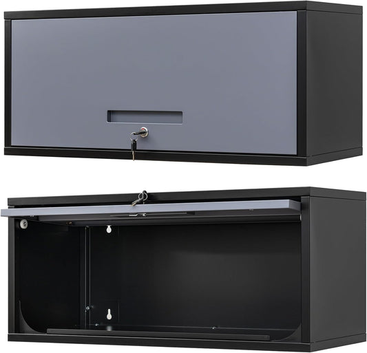 Metal Wall Storage Cabinet with Up-flip Door, Wall-Mounted Storage Cabinet for Garage, Warehouse, Home, Office, Assembly Required (Black Grey, One Cabinet), WC-0725