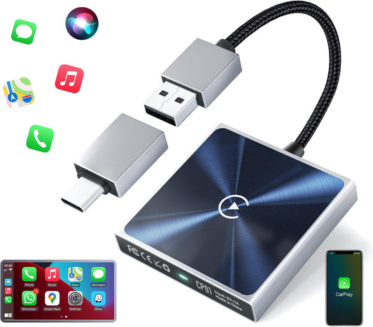 Wireless CarPlay Adapter for iPhone– Super mini 2 in 1 Plug Convert Wired to Wireless Car Play Dongle for Apple iOS 10+ , Instant Connectivity, Fit for Cars with Built-in CarPlay, Black Silver