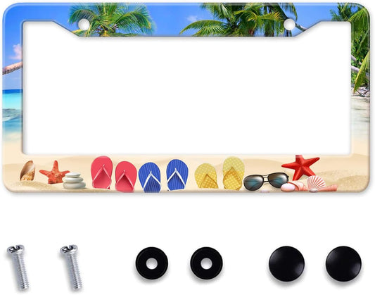 Beach Flip Flops License Plate Frame, Ocean Beach Vacation Scene License Plate Hloder Covers, Metal Aluminum Rustproof Car Accessories for Women Men 2 Holes with Screw Caps