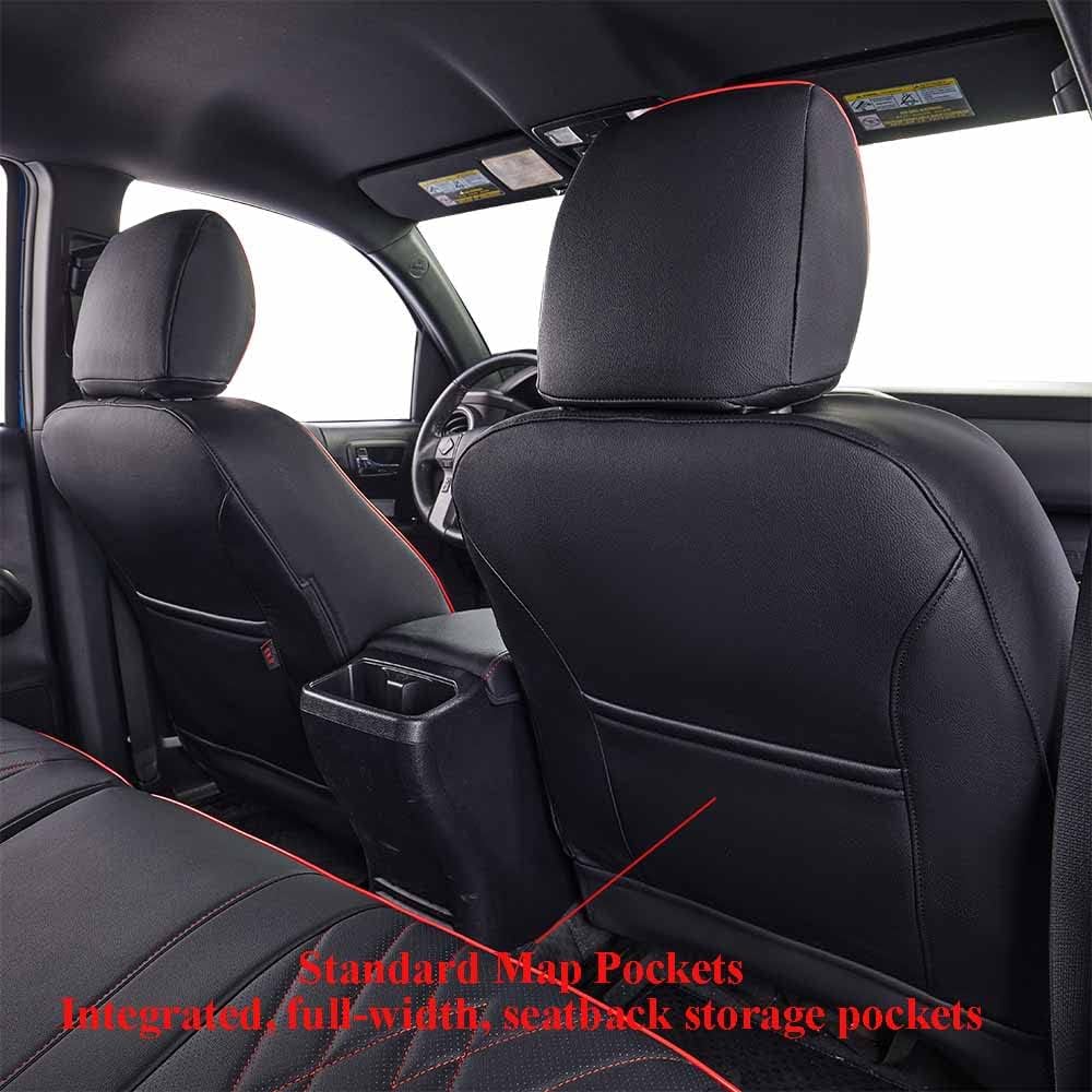 EKR Custom Fit Tacoma Leather Car Seat Covers for Select Toyota Tacoma 2012 2013 2014 2015 (Regular Seats)- Full Set,Leather(Black with Red Trim)
