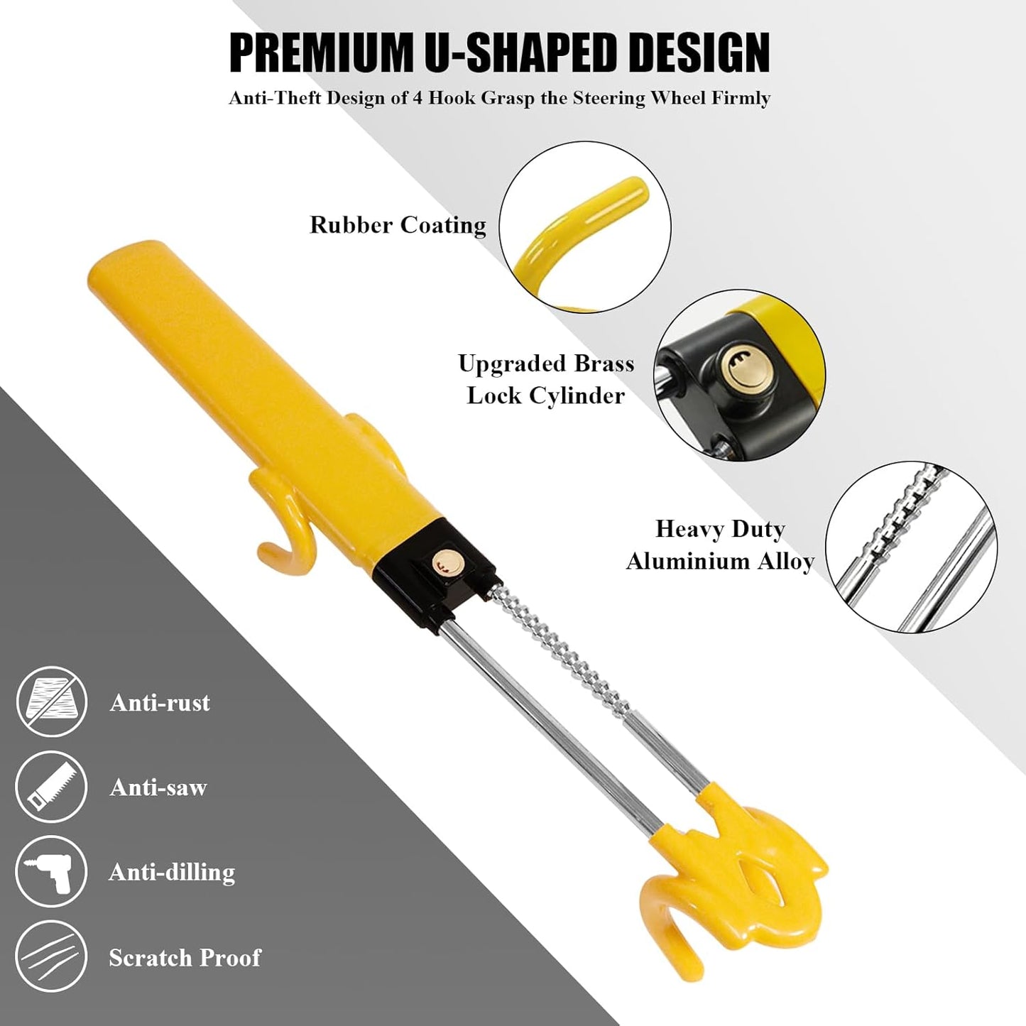 Steering Wheel Lock, Car Steering Wheel Lock Anti-Theft Device, Great Deterrent Adjustable Steering Double Hook Car Column Bar Lock for Car Truck Van and SUV, Heavy Duty Security