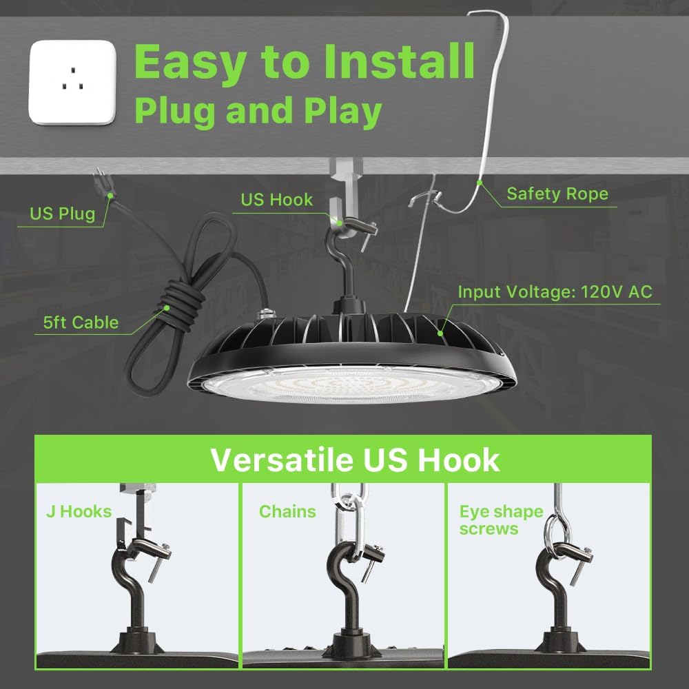 LED High Bay Light 150W, 21000lm 5000K UFO Led High Bay Light(600W MH/HPS Equiv.), Commercial Bay Lighting with 5ft Cable US Plug for Garage Shop Barn Warehouse