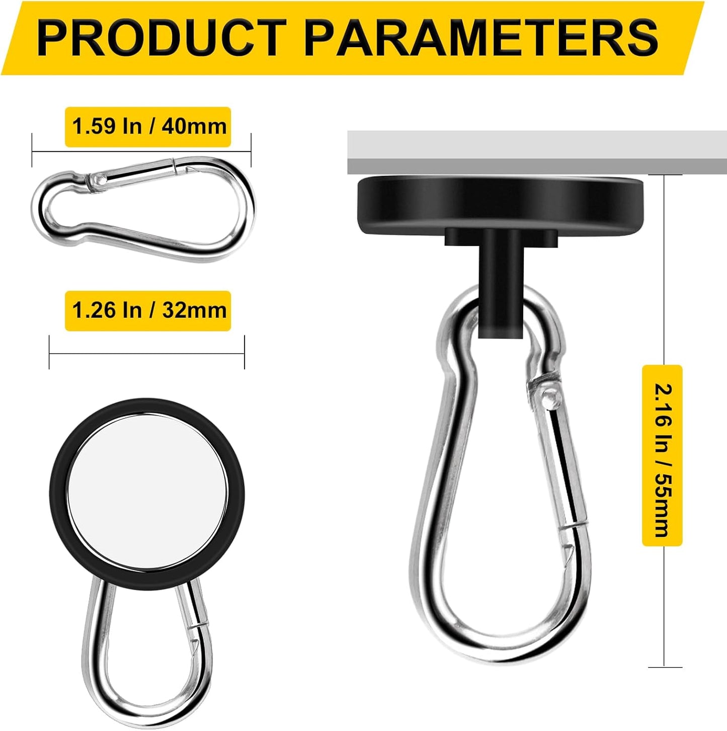 DIYMAG Black Magnetic Hooks, 110LBS Strong Heavy Duty Neodymium Magnet Hooks with Swivel Carabiner Hook, Great for Your Refrigerator and Other Magnetic Surfaces, Pack of 7
