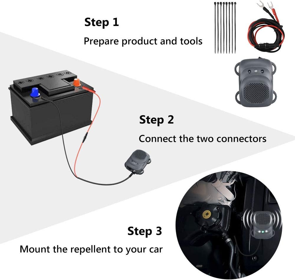 Rodent Repellent for Car Engine Under Hood Rodent Repeller with Strobe Lights Ultrasonic Mouse Repellent Mice Deterrent Squirrel Repeller RV Protection for 12V 24V Car Battery 1 Pack