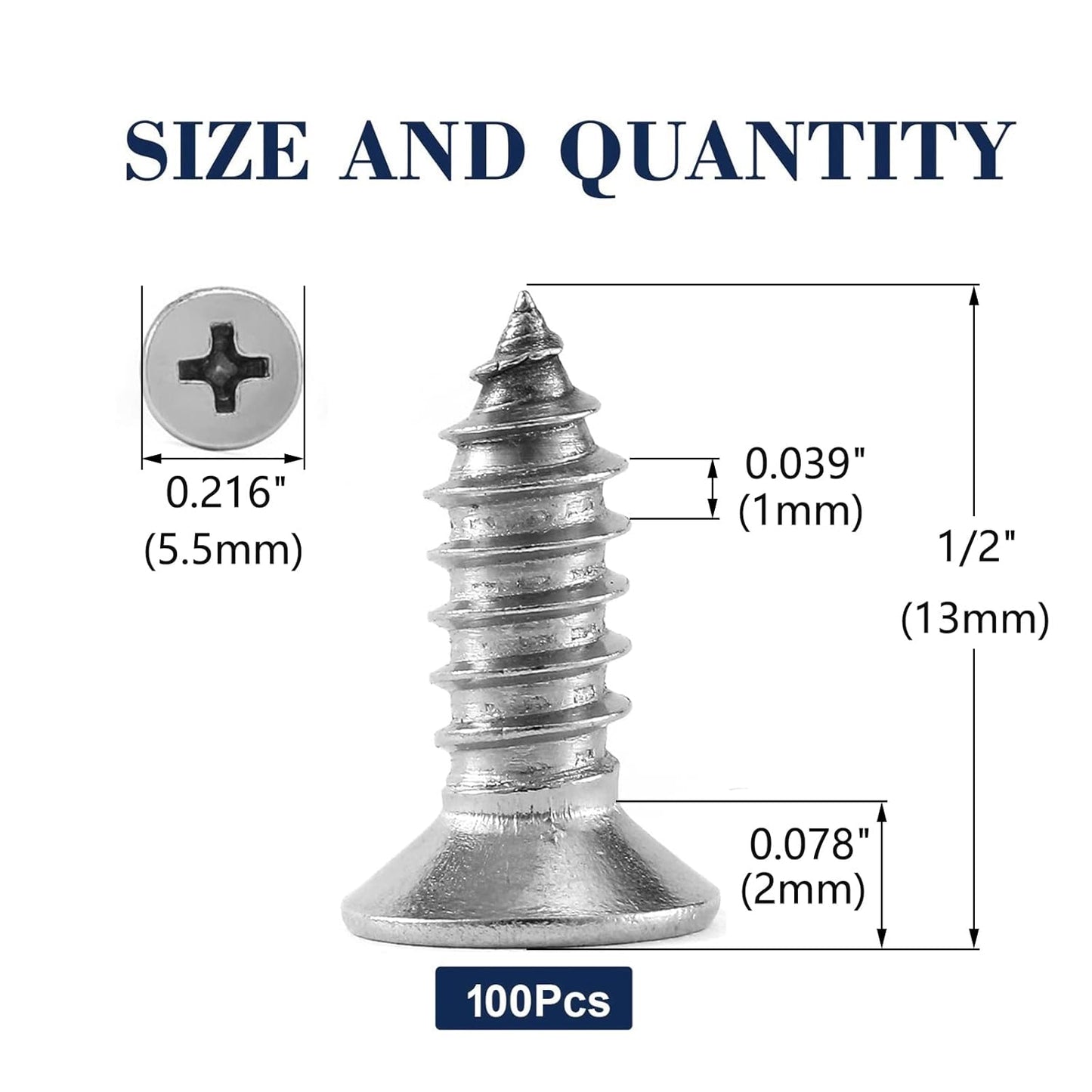 #4 x 1/2" Wood Screw 100Pcs 18-8 (304) Stainless Steel Screws Flat Head Phillips Fast Self Tapping Drywall Screws by SG TZH