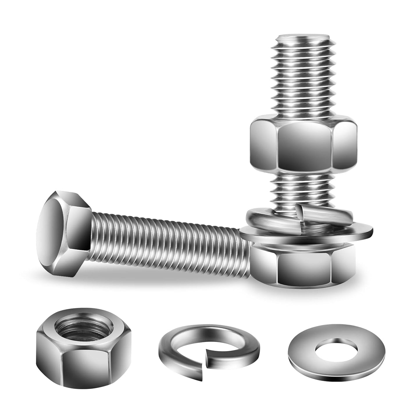 1/2-13 x 1-1/2" Hex Head Screw Bolt, Nuts, Flat & Lock Washers, 20Pcs 18-8 (304) Stainless Steel, Fully Threaded, by SG TZH