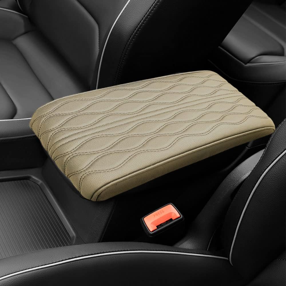 2025 Upgrade Universal Style Memory Cotton Car Armrest Box Pad,New Leather Car Armrest Box Pad Car Center Console Cover Pad,Vehicle Seat Box Cushion Protector for SUV Truck (Beige, Wave Pattern)