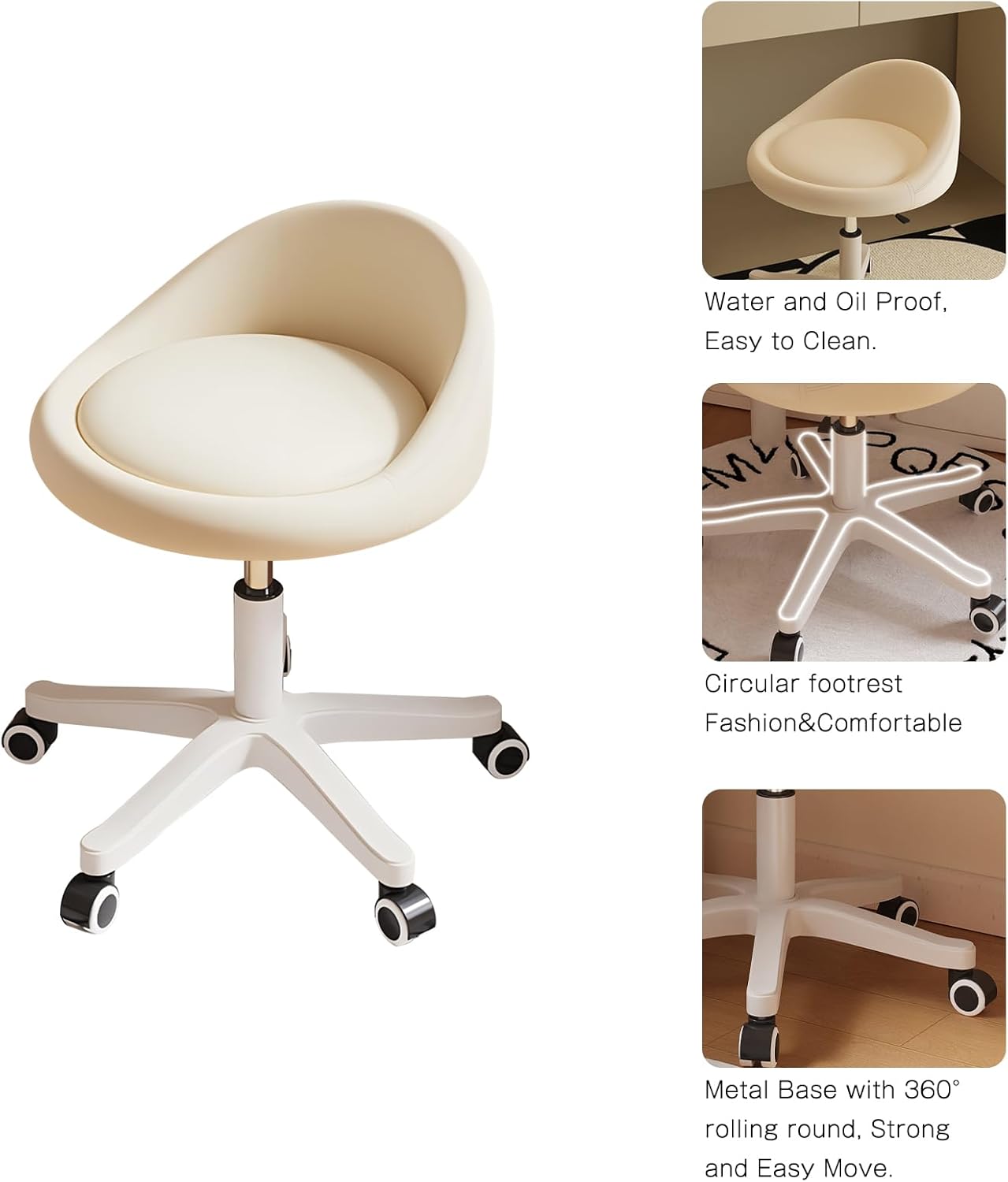 Rolling Stool Rolling Hydraulic Salon Stool with Low Backrest - Adjustable Swivel Chair for SPA, Shop, Salon, Massage, or Medical Office Beige-a