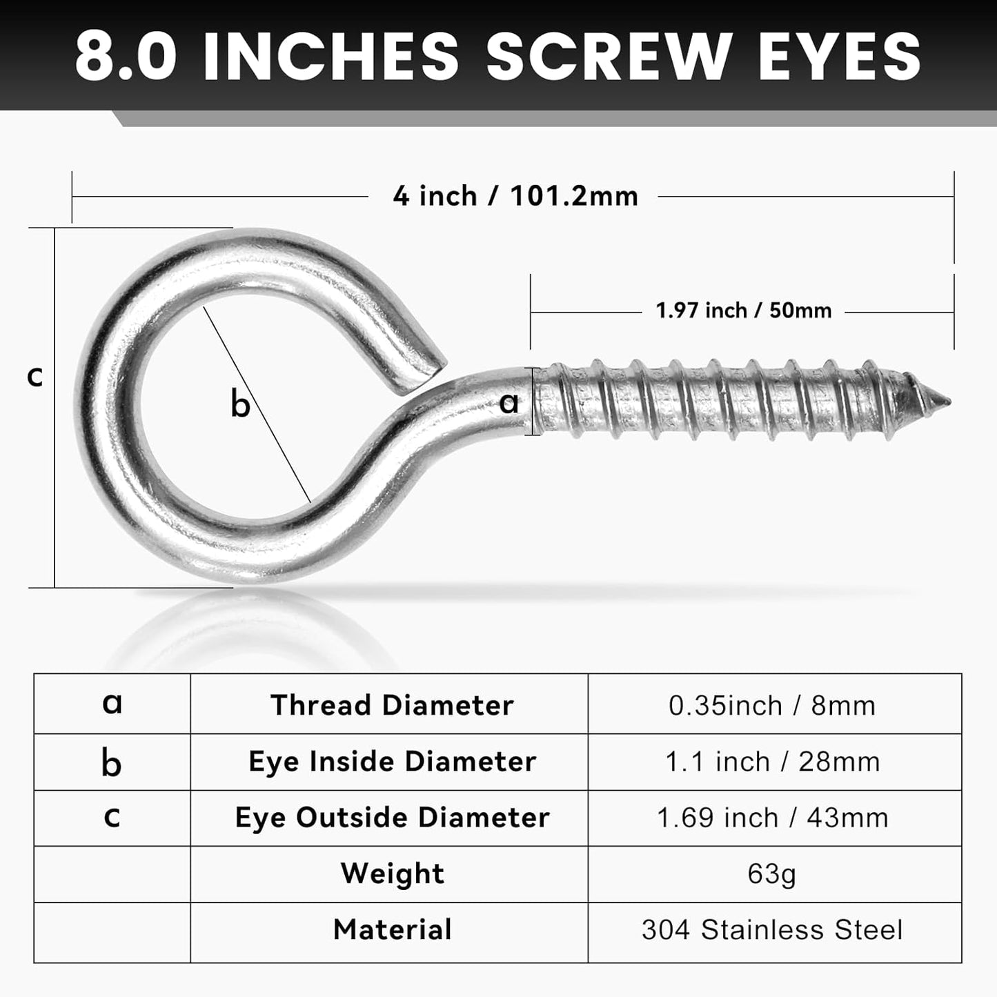4Pcs Self Tapping Eyelet Screw Eye Bolt，4 Inch Heavy Duty Screw Eyes Hooks ，M8 Wooden Large Screw Eye Hook，Load Capacity 500 Lbs for Hammock ，Yoga，Heavy Indoor Outdoor Uses (4, M8-4 INCH)
