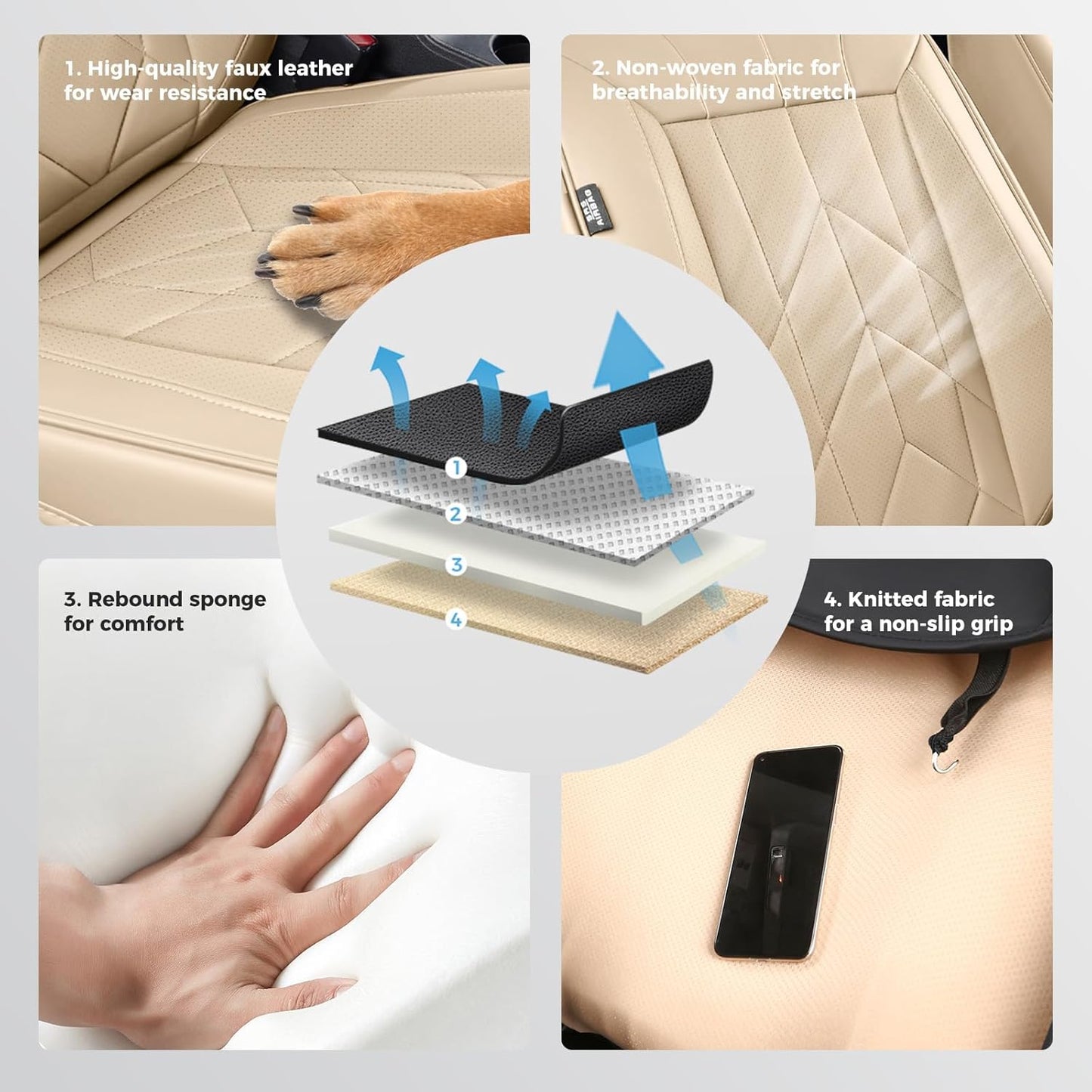 Beige Car Seat Covers Full Set - Waterproof Leather Car Seat Protector Universal Fit Altima Murano Accord Avalon