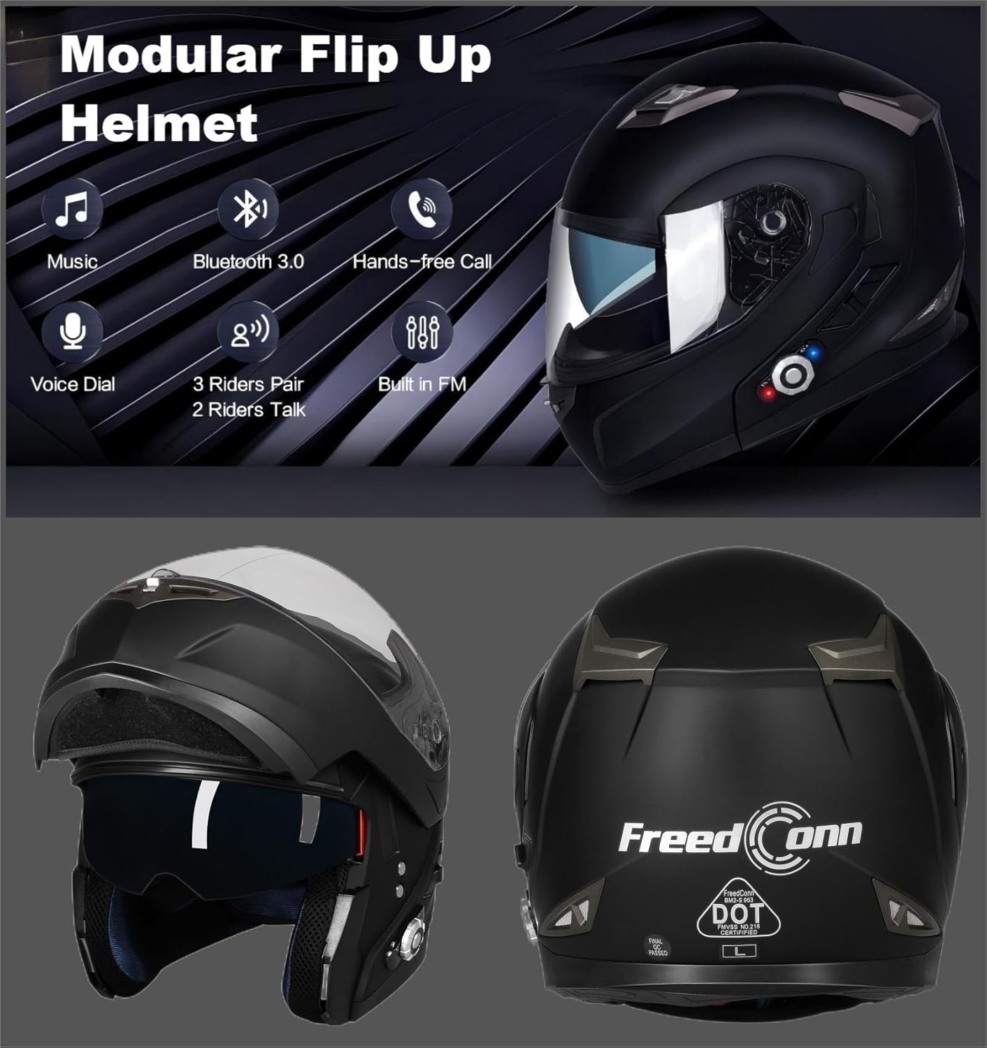 FreedConn BM2-S Bluetooth Motorcycle Helmet, Flip-Up Modular Motorbike Helmet, 500M Connectivity for 2-3 Riders, Voice Dial, Hands-Free Call, MP3, FM, DOT Certified (Large, Matte Black)