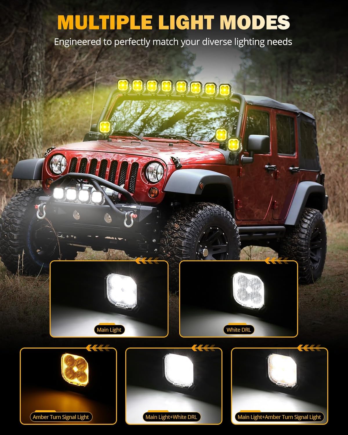 Auxbeam 3 Inch LED Pods Offroad Driving Lights with Amber White DRL & Turn Signal Fog Lights Color Play Series 11600LM 100W Flood Beam Cube Ditch Light Bar for Jeep, 2 Years Warranty