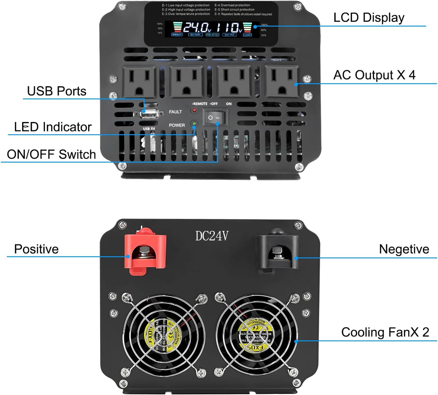 LVYUAN 4000 Watt Power Inverter 24V to 110V 120V for Vehicle, Solar Inverter System, Heavy Duty, RV, Truck, Off Grid,Camping with 4 AC Outlets, LCD Display, Wireless Remote Control, Car Power Inverter