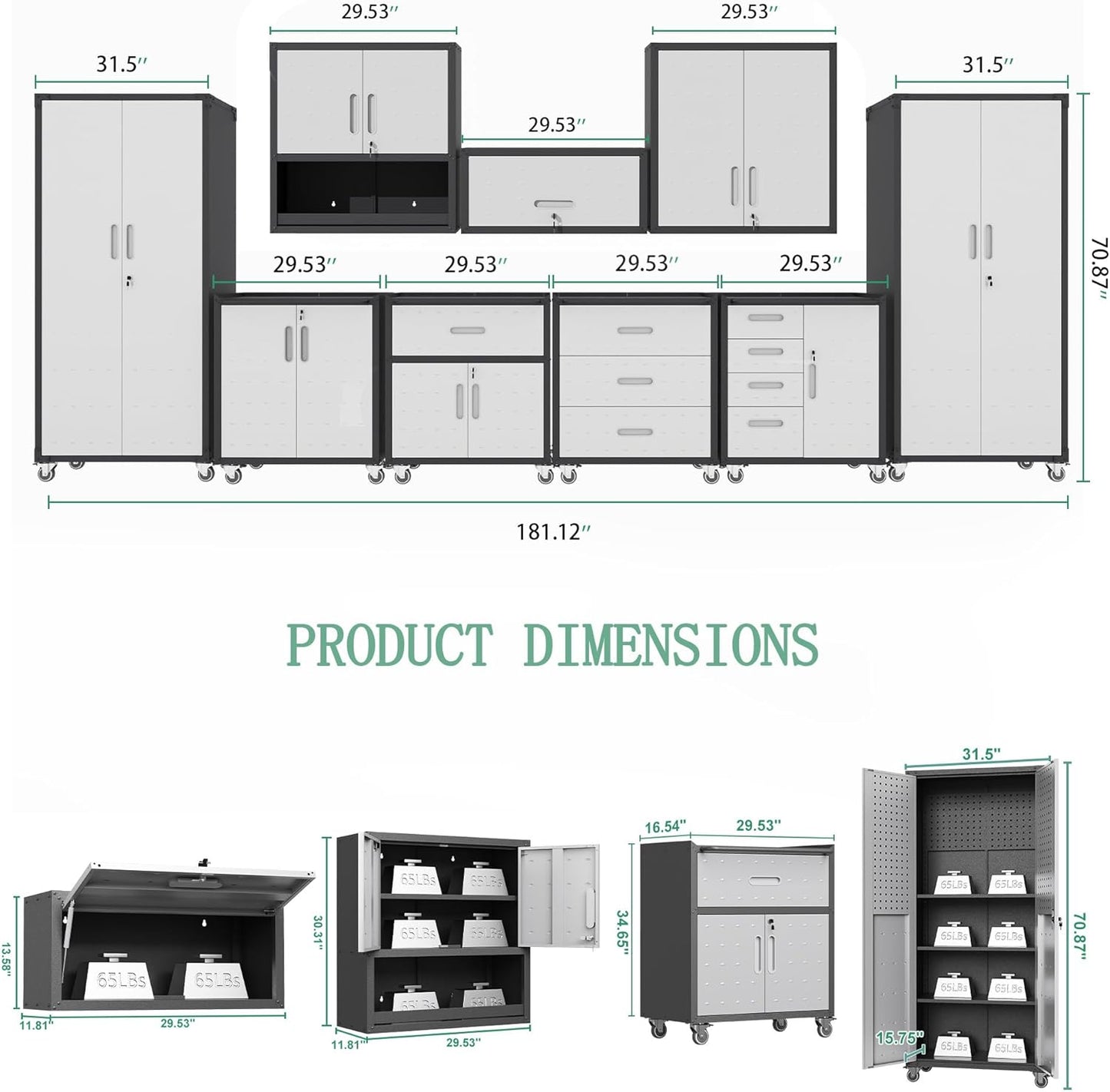 Metal Tool Cabinet,Garage Storage Cabinet System,Wall Cabinet & Locking Rolling Tool Cabinet with Doors and Adjustable Shelves,Steel Tool Cabinets for Home,Office (9 Pcs-StyleA, Black & Grey)