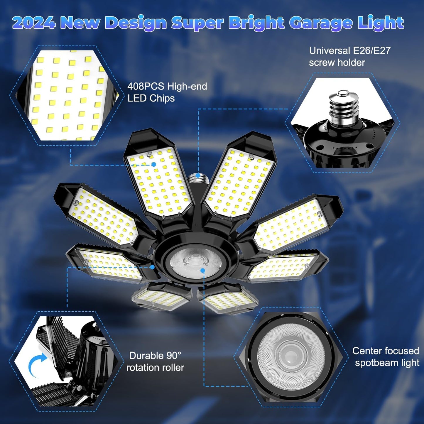 Garage Lights - Super Bright 25000LM Garage Lights Ceiling Led w/ 8 Deformable Panels 6500K Led Light Bulb Srew in E26/E27 Socket with Adjustable Center Spotlight for Barn Workshop Attic
