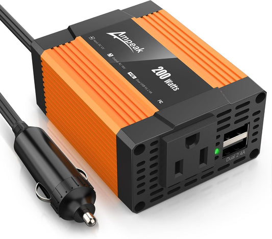 Ampeak 200W Car Power Inverter 4.8A Dual USB Ports AC Outlet Car Inverter DC 12V to AC 110 Car Plug Adapter