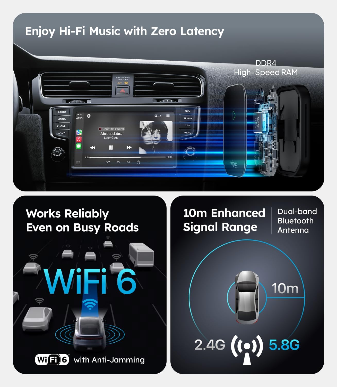 Wigoo 2025 Upgrade Wireless CarPlay Adapter for iPhone [Long-Drive Stability, 10s Connect, Easy Use] Converts Wired to Wireless, Low Delay CarPlay Dongle, Fit for Cars with Wired CarPlay, Blue