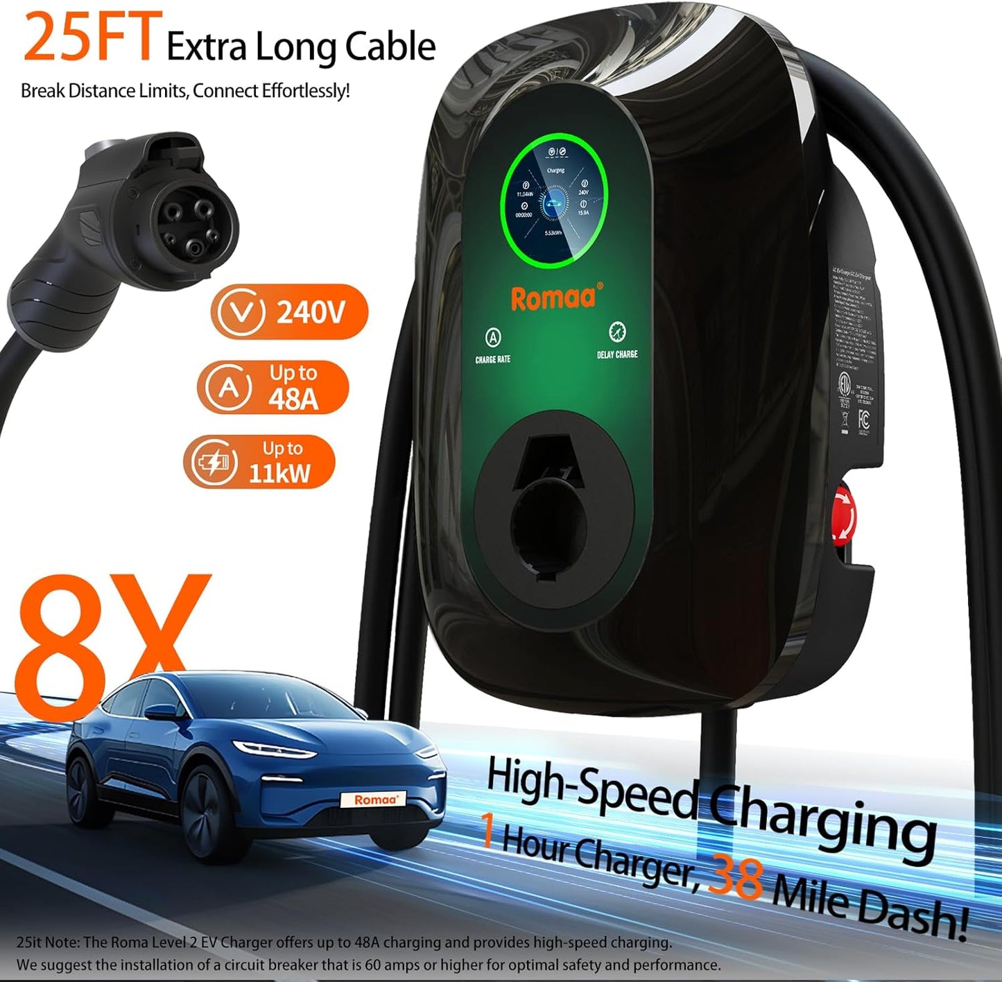 Level 2 EV Charger, 48 Amp 240V Hardwired Fast Charging, Smart WiFi Control, Adjustable Current, Delay Timer, 25ft Cable, J1772 Charger, EV Chargers for Home Level 2, LCD Display, Black