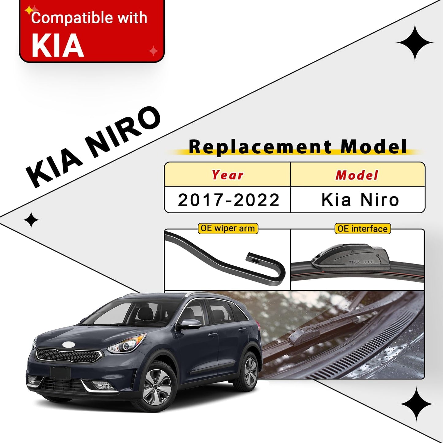 Windshield Wiper Blades Replacement for Kia Niro 2017 2018 2019 2020 2021 2022 Original Factory Quality Front Rear Wipers Blade Set for My Car - 26" 16" 12" (Pack of 3)